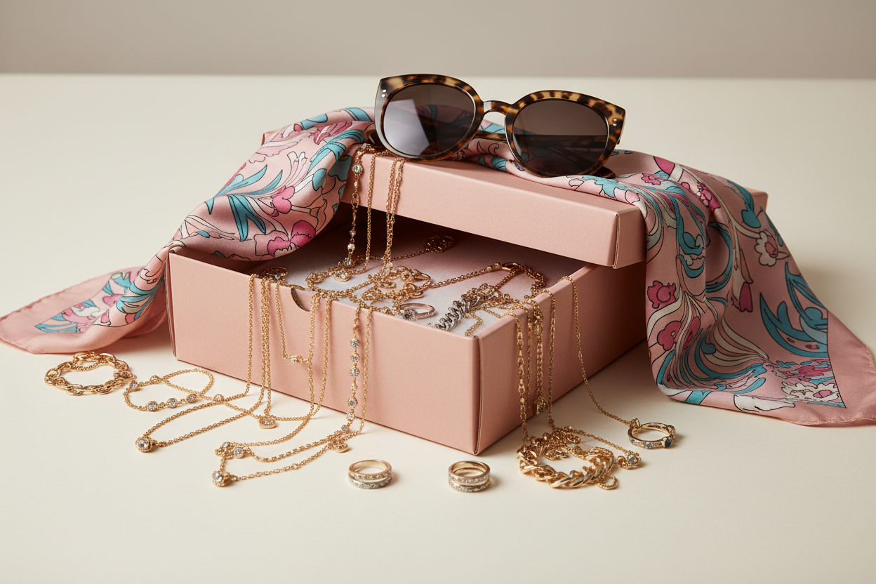 opened pink mailer box with fashion accessories as focal point